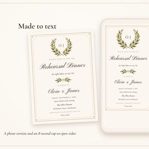 Made to text: the rehearsal dinner invitation shown on a phone screen at 1080 x 1920