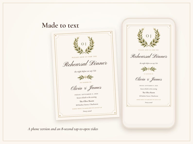 Made to text: the rehearsal dinner invitation shown on a phone screen at 1080 x 1920