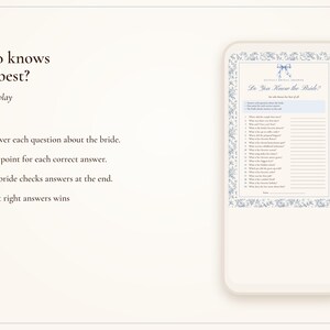 How Well Do You Know the Bride Game, Bridal Shower Trivia Printable, Something Blue Toile, Bride's Name Added, 5x7 and Letter image 5
