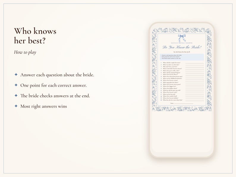 How Well Do You Know the Bride Game, Bridal Shower Trivia Printable, Something Blue Toile, Bride's Name Added, 5x7 and Letter image 5