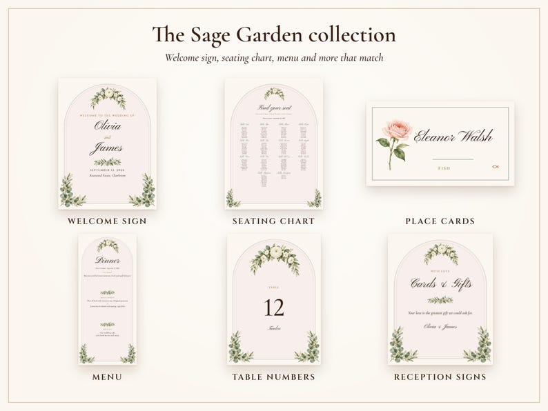 Tarjetas de mesa para bodas, nombres de invitados impresos para ti, tarjetas de nombre plegables planas y plegables con acuarela de Sage Garden, etiquetas colgantes para invitados. imagen 8