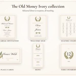 The matching Old Money Ivory wedding collection: invitation, welcome sign, seating chart, place cards and menu
