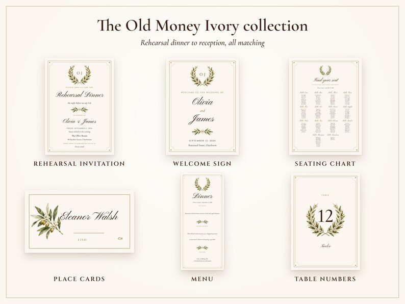 The matching Old Money Ivory wedding collection: invitation, welcome sign, seating chart, place cards and menu