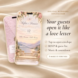 Op de afbeelding: Een digitale trouwuitnodiging op een smartphonescherm, met een uitzicht op een meer met een stenen balkon en bloemaccenten. De tekst luidt Digital Wedding Invitation, Your guests open it like a love letter, Tap-to-open envelope, RSVP & guest list, Music & countdown en I make it for you.