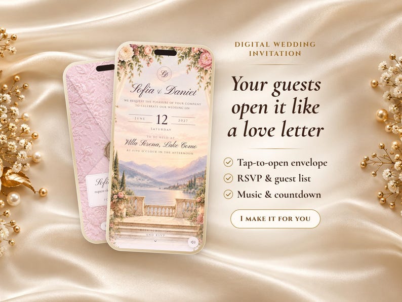 Op de afbeelding: Een digitale trouwuitnodiging op een smartphonescherm, met een uitzicht op een meer met een stenen balkon en bloemaccenten. De tekst luidt Digital Wedding Invitation, Your guests open it like a love letter, Tap-to-open envelope, RSVP & guest list, Music & countdown en I make it for you.