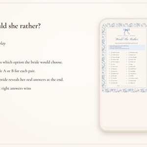 Would She Rather Bridal Shower Game, Something Blue Toile Printable, Bride's Name Added, 5x7 and Letter, Wedding Shower Game image 5