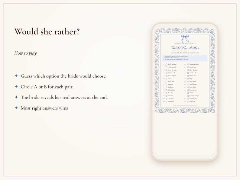 Would She Rather Bridal Shower Game, Something Blue Toile Printable, Bride's Name Added, 5x7 and Letter, Wedding Shower Game image 5