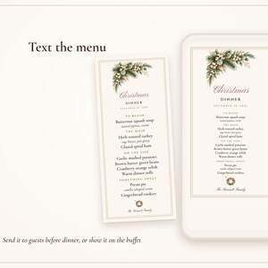 Plantilla de menú navideño con tarjetas de mesa, menú de cena navideña en tonos rosa y dorado, nombres impresos, elegante juego de mesa. imagen 5