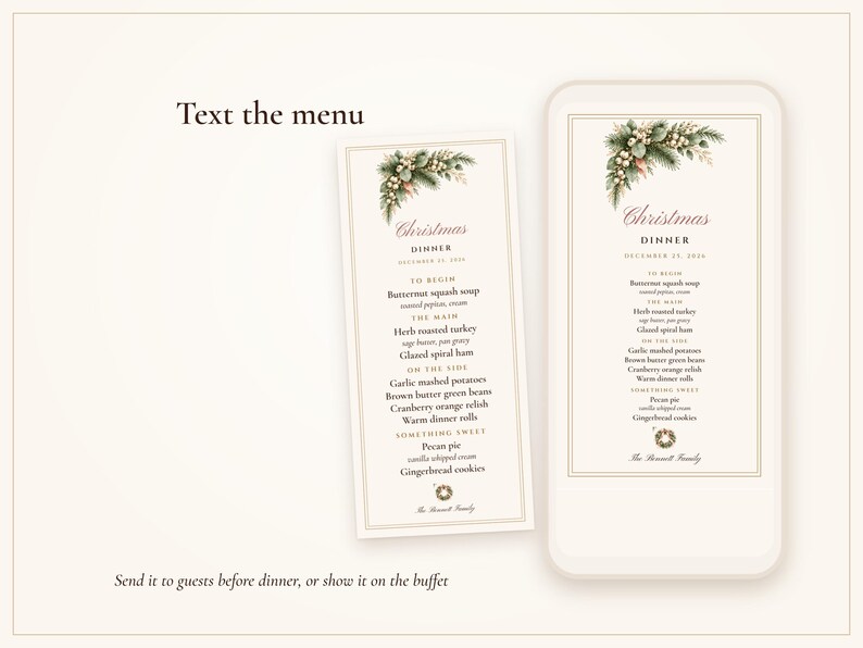 Plantilla de menú navideño con tarjetas de mesa, menú de cena navideña en tonos rosa y dorado, nombres impresos, elegante juego de mesa. imagen 5