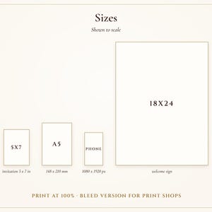 Size guide: invitation 5x7 and A5, welcome sign 18x24 and 8x10, phone invitation 1080 x 1920