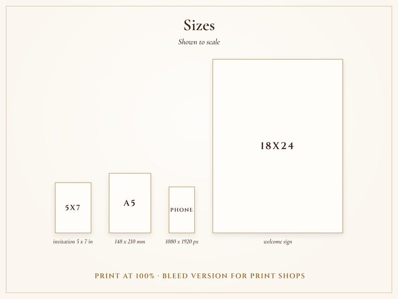 Size guide: invitation 5x7 and A5, welcome sign 18x24 and 8x10, phone invitation 1080 x 1920