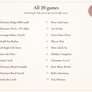 Julfestspelpaket, 20 utskrivbara spel, Blush and Gold-helgbingo, frågesport och skattjakt för vuxna och barn bild 4