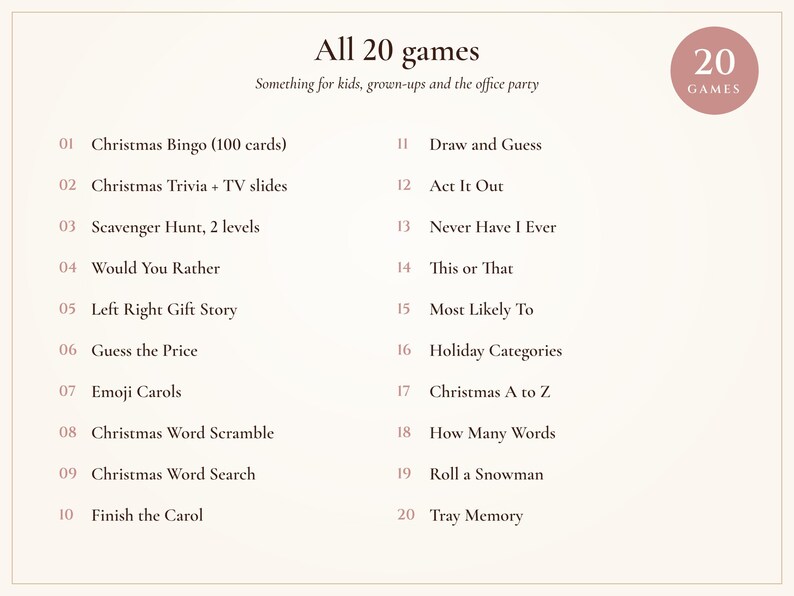 Julfestspelpaket, 20 utskrivbara spel, Blush and Gold-helgbingo, frågesport och skattjakt för vuxna och barn bild 4