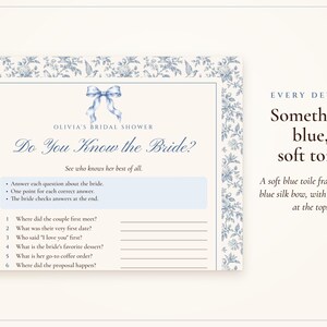 How Well Do You Know the Bride Game, Bridal Shower Trivia Printable, Something Blue Toile, Bride's Name Added, 5x7 and Letter image 2
