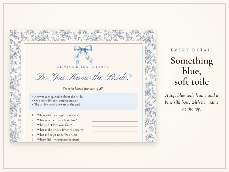 How Well Do You Know the Bride Game, Bridal Shower Trivia Printable, Something Blue Toile, Bride's Name Added, 5x7 and Letter image 2