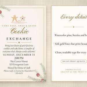 Christmas Cookie Exchange Invitation Printable, Elegant Ivory & Gold, Holiday Cookie Swap Party Invite 5x7 image 2