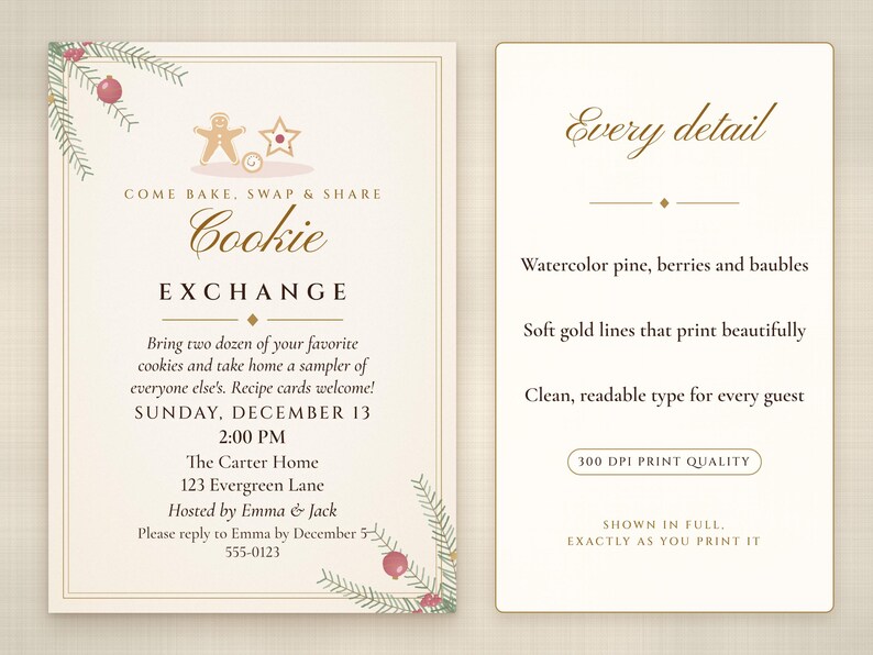 Christmas Cookie Exchange Invitation Printable, Elegant Ivory & Gold, Holiday Cookie Swap Party Invite 5x7 image 2