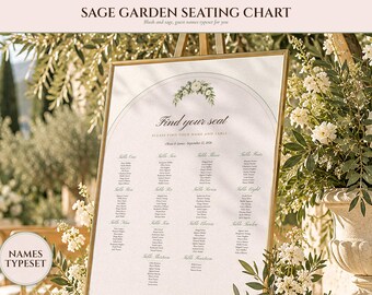 Wedding Seating Chart Template, Guest Names Typeset for You, Sage Garden Watercolor Find Your Seat Cards and Sign, 18x24 24x36