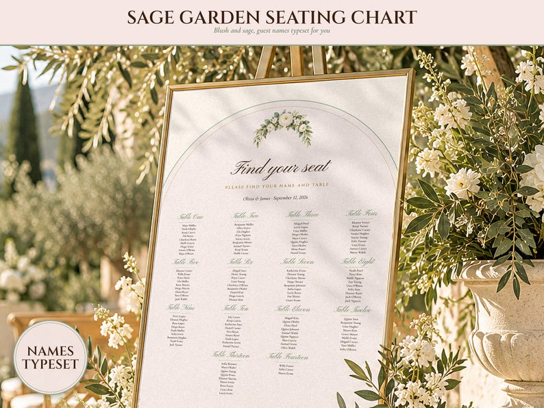 Wedding Seating Chart Template, Guest Names Typeset for You, Sage Garden Watercolor Find Your Seat Cards and Sign, 18x24 24x36 image 1