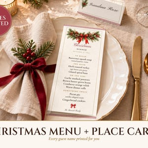 Christmas Dinner Menu and Place Cards Set, Guest Names Printed for You, Holiday Table Menu 4x9, Editable PDF Printable image 1