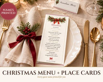 Christmas Dinner Menu and Place Cards Set, Guest Names Printed for You, Holiday Table Menu 4x9, Editable PDF Printable