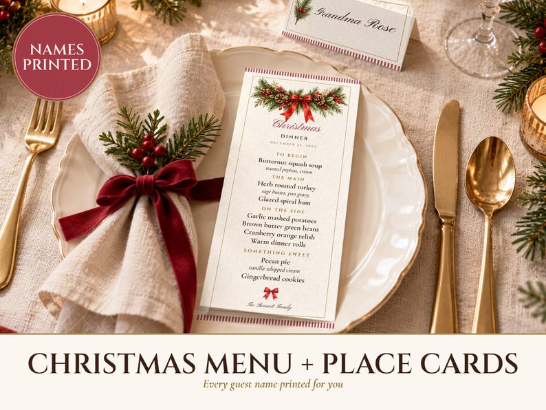 Christmas Dinner Menu and Place Cards Set, Guest Names Printed for You, Holiday Table Menu 4x9, Editable PDF Printable image 1