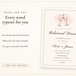 Rehearsal Dinner Invite, Ink Line Wine Glass Night Before Wedding Invitation, Phone and 5x7 Printable, Done for You image 7