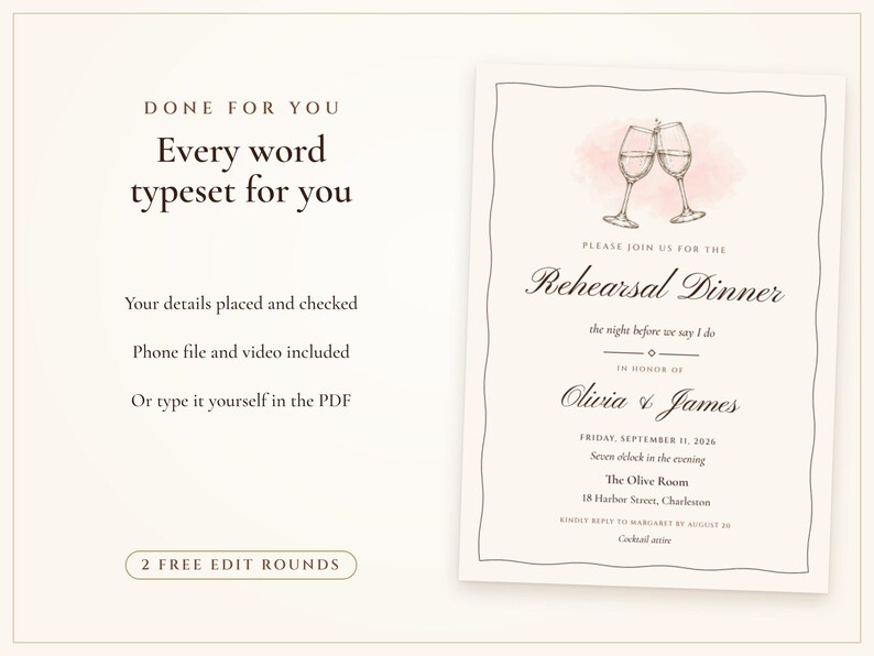 Rehearsal Dinner Invite, Ink Line Wine Glass Night Before Wedding Invitation, Phone and 5x7 Printable, Done for You image 7