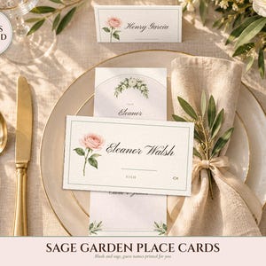 Tarjetas de mesa para bodas, nombres de invitados impresos para ti, tarjetas de nombre plegables planas y plegables con acuarela de Sage Garden, etiquetas colgantes para invitados. imagen 1