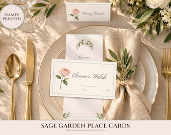 Wedding Place Cards, Guest Names Printed for You, Sage Garden Watercolor Flat and Tent Fold Name Cards, Hanging Guest Tags