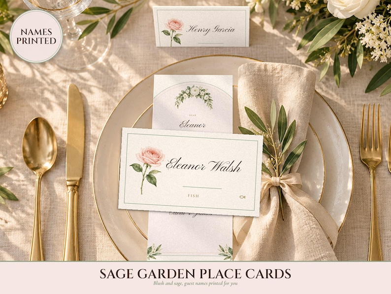 Tarjetas de mesa para bodas, nombres de invitados impresos para ti, tarjetas de nombre plegables planas y plegables con acuarela de Sage Garden, etiquetas colgantes para invitados. imagen 1