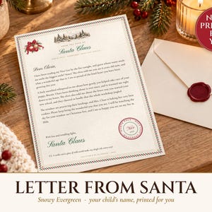 Personalized letter from Santa with a red and green striped border, Dear Olivia in script, red ornaments and a North Pole Nice List stamp, on a wooden desk beside a wax-sealed envelope and a candle