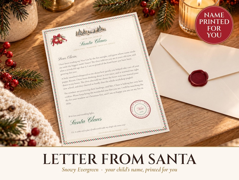 Personalized letter from Santa with a red and green striped border, Dear Olivia in script, red ornaments and a North Pole Nice List stamp, on a wooden desk beside a wax-sealed envelope and a candle