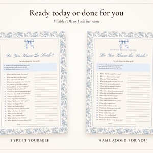 How Well Do You Know the Bride Game, Bridal Shower Trivia Printable, Something Blue Toile, Bride's Name Added, 5x7 and Letter image 4