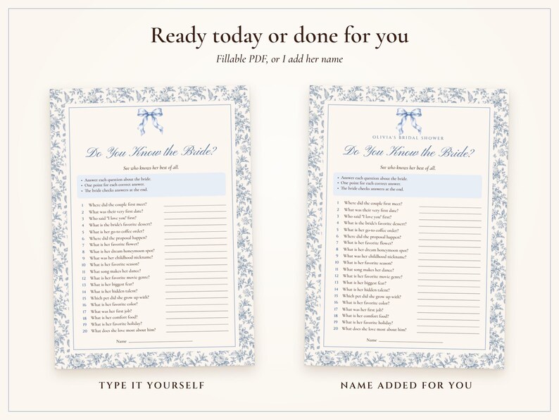 How Well Do You Know the Bride Game, Bridal Shower Trivia Printable, Something Blue Toile, Bride's Name Added, 5x7 and Letter image 4