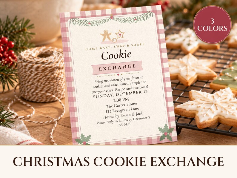 Christmas Cookie Exchange Invitation Printable, Cozy Plaid Cottage, Holiday Cookie Swap Party Invite 5x7 image 1