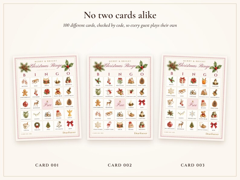 Christmas Bingo Printable, 100 Bingo Cards with Calling Cards, Family and Kids Christmas Party Game, Classroom Holiday Activity image 4