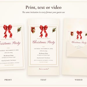 Invitación para fiesta de Navidad, invitación para fiesta navideña con lazo rojo, invitación imprimible y por mensaje de texto, lista para usar, editable 5x7 imagen 4