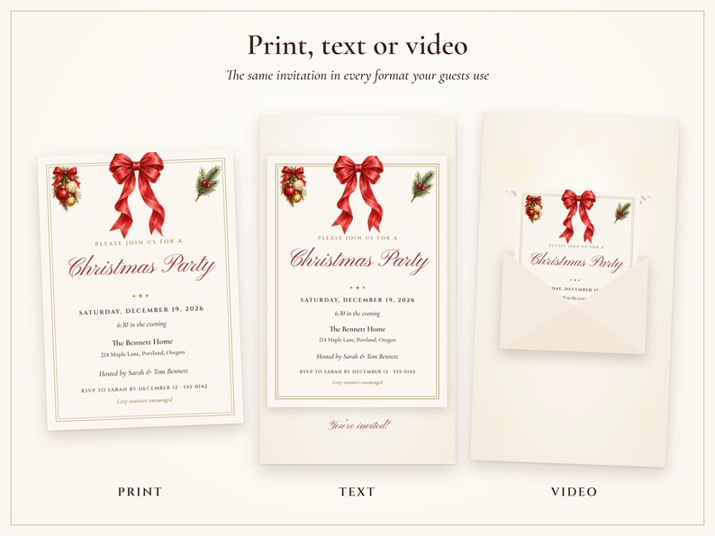 Invitación para fiesta de Navidad, invitación para fiesta navideña con lazo rojo, invitación imprimible y por mensaje de texto, lista para usar, editable 5x7 imagen 4