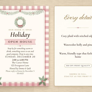Holiday Open House Invitation Printable, Cozy Plaid Cottage, Christmas Open House Invite 5x7, Drop In Party image 2