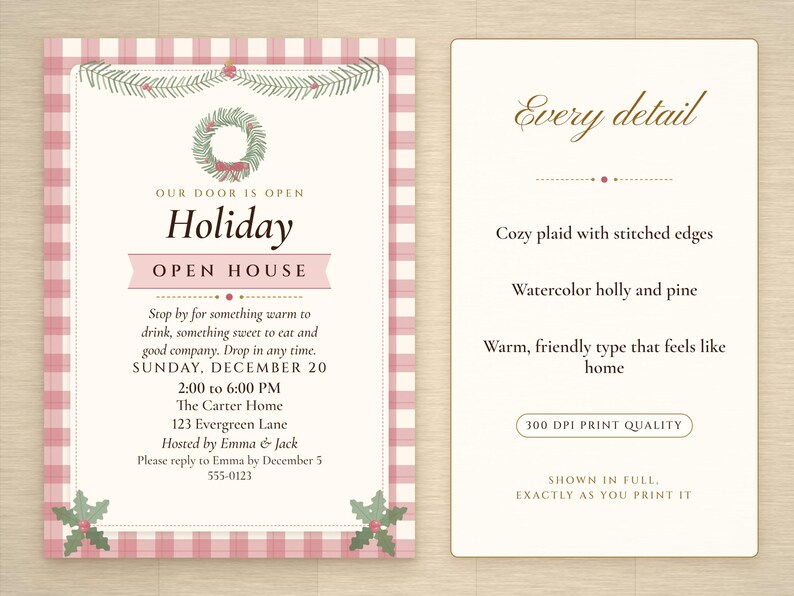 Holiday Open House Invitation Printable, Cozy Plaid Cottage, Christmas Open House Invite 5x7, Drop In Party image 2
