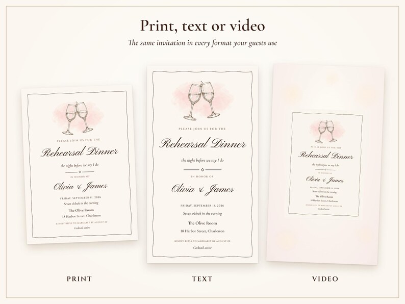 Rehearsal Dinner Invite, Ink Line Wine Glass Night Before Wedding Invitation, Phone and 5x7 Printable, Done for You image 4