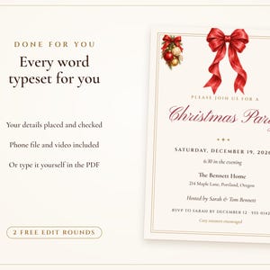 Invitación para fiesta de Navidad, invitación para fiesta navideña con lazo rojo, invitación imprimible y por mensaje de texto, lista para usar, editable 5x7 imagen 7