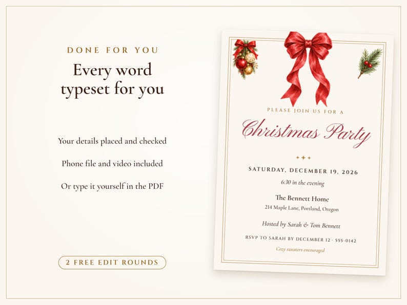 Invitación para fiesta de Navidad, invitación para fiesta navideña con lazo rojo, invitación imprimible y por mensaje de texto, lista para usar, editable 5x7 imagen 7