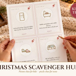 Christmas Scavenger Hunt for Kids and Teens, Indoor Christmas Treasure Hunt Clues, 2 Levels with Answer Key, Printable image 1