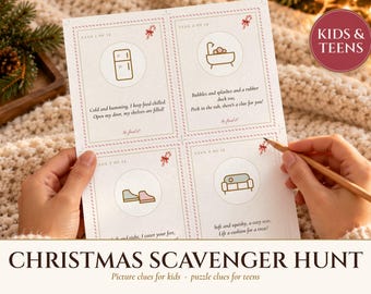 Christmas Scavenger Hunt for Kids and Teens, Indoor Christmas Treasure Hunt Clues, 2 Levels with Answer Key, Printable