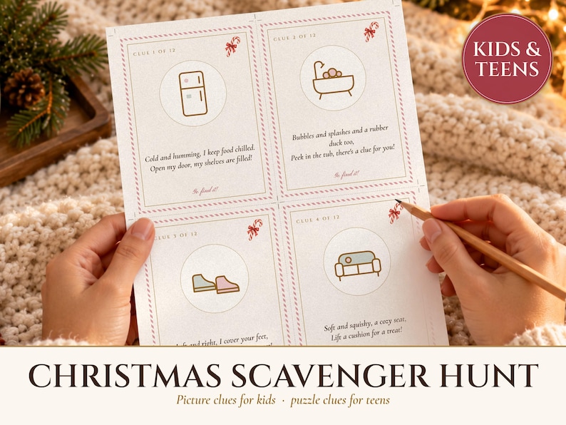 Christmas Scavenger Hunt for Kids and Teens, Indoor Christmas Treasure Hunt Clues, 2 Levels with Answer Key, Printable image 1