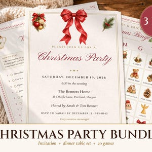 Christmas Party Bundle, Invitation, Dinner Menu, Place Cards and 20 Games, Matching Holiday Party Printables, Done for You image 1