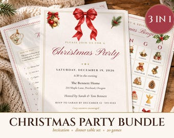 Christmas Party Bundle, Invitation, Dinner Menu, Place Cards and 20 Games, Matching Holiday Party Printables, Done for You