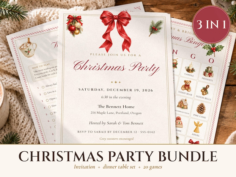 Christmas Party Bundle, Invitation, Dinner Menu, Place Cards and 20 Games, Matching Holiday Party Printables, Done for You image 1